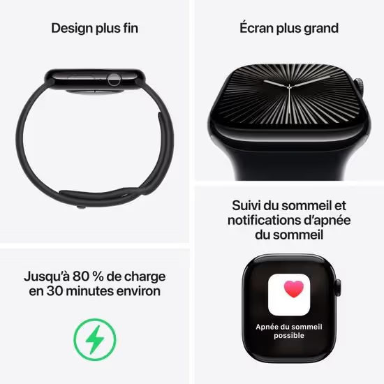 Apple Watch Series 10 GPS - 42mm - Boîtier Jet Black Aluminium - Bracelet Black Sport Band.