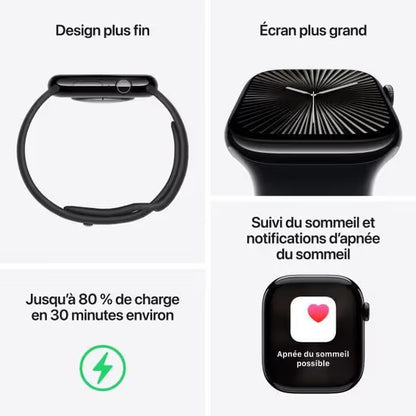 Apple Watch Series 10 GPS - 42mm - Boîtier Jet Black Aluminium - Bracelet Black Sport Band.