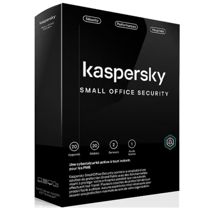 Antivirus KASPERSKY Small Office Security (Licence pour 20 postes + 2 serveurs)
