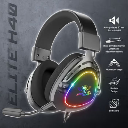 Micro Casque Gaming Filaire Spirit Of Gamer Elite H40 RGB - Noir