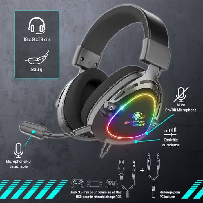 Micro Casque Gaming Filaire Spirit Of Gamer Elite H40 RGB - Noir