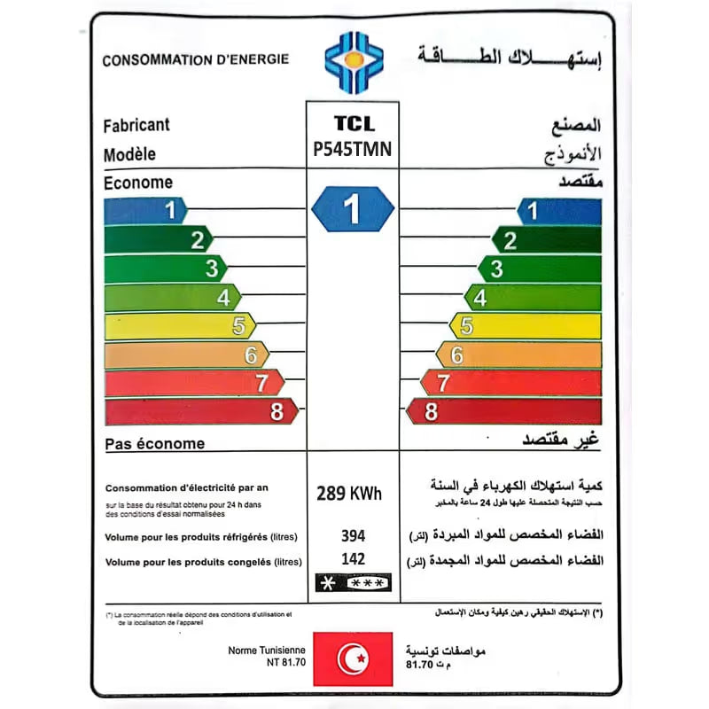Réfrigérateur TCL P545TMN Double Portes INVERTER No Frost 536 Litres Avec Afficheur et Distributeur d'eau- INOX