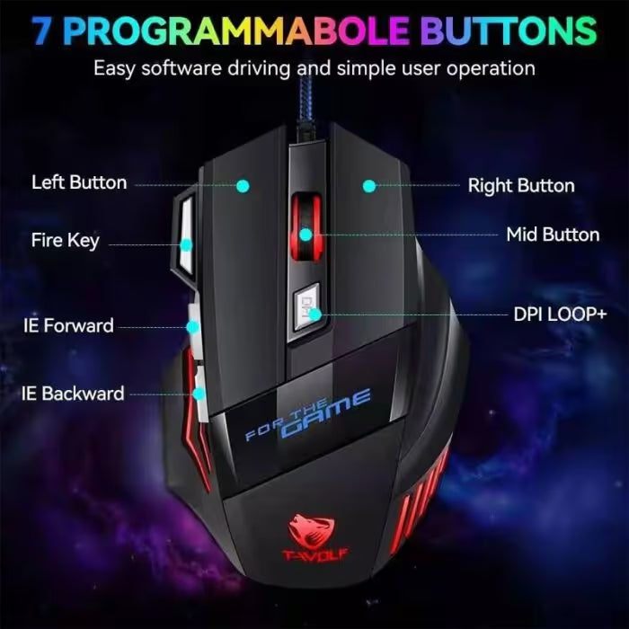 Souris Gaming Filaire T-Wolf M1 RGB - Noir