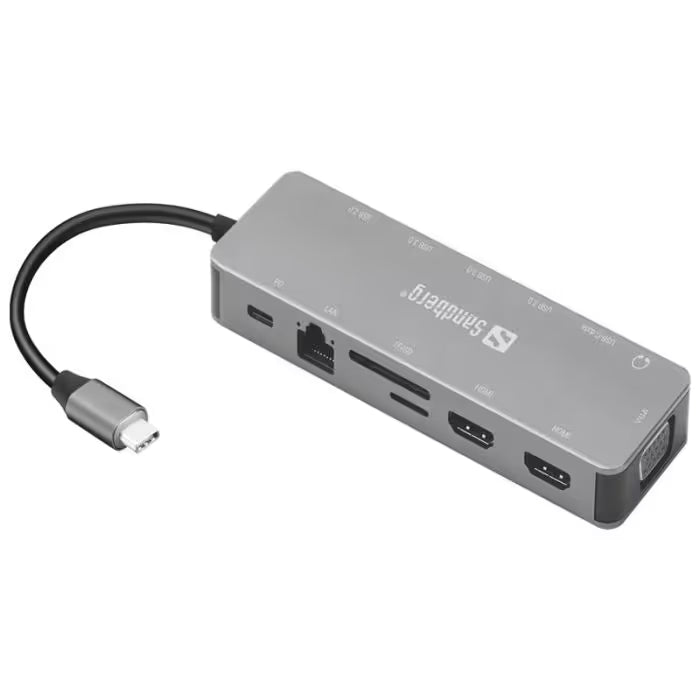 Station d'accueil SANDBERG Dock TRAVEL USB-C 13 en 1 - Gris