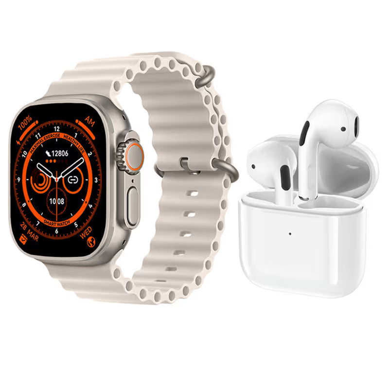 Montre Connectée T55 ULTRA MAX + 2 Ceintures + Ecouteur - Blanc