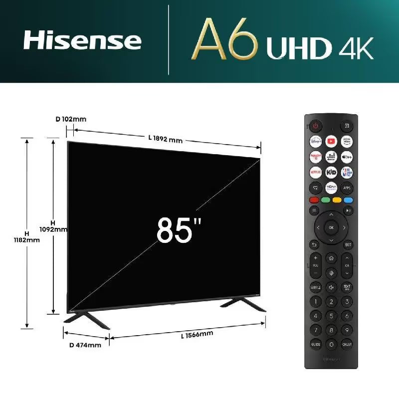 TV HISENSE 85A6N 85″ Smart Série A6N LED UHD 4K - Noir